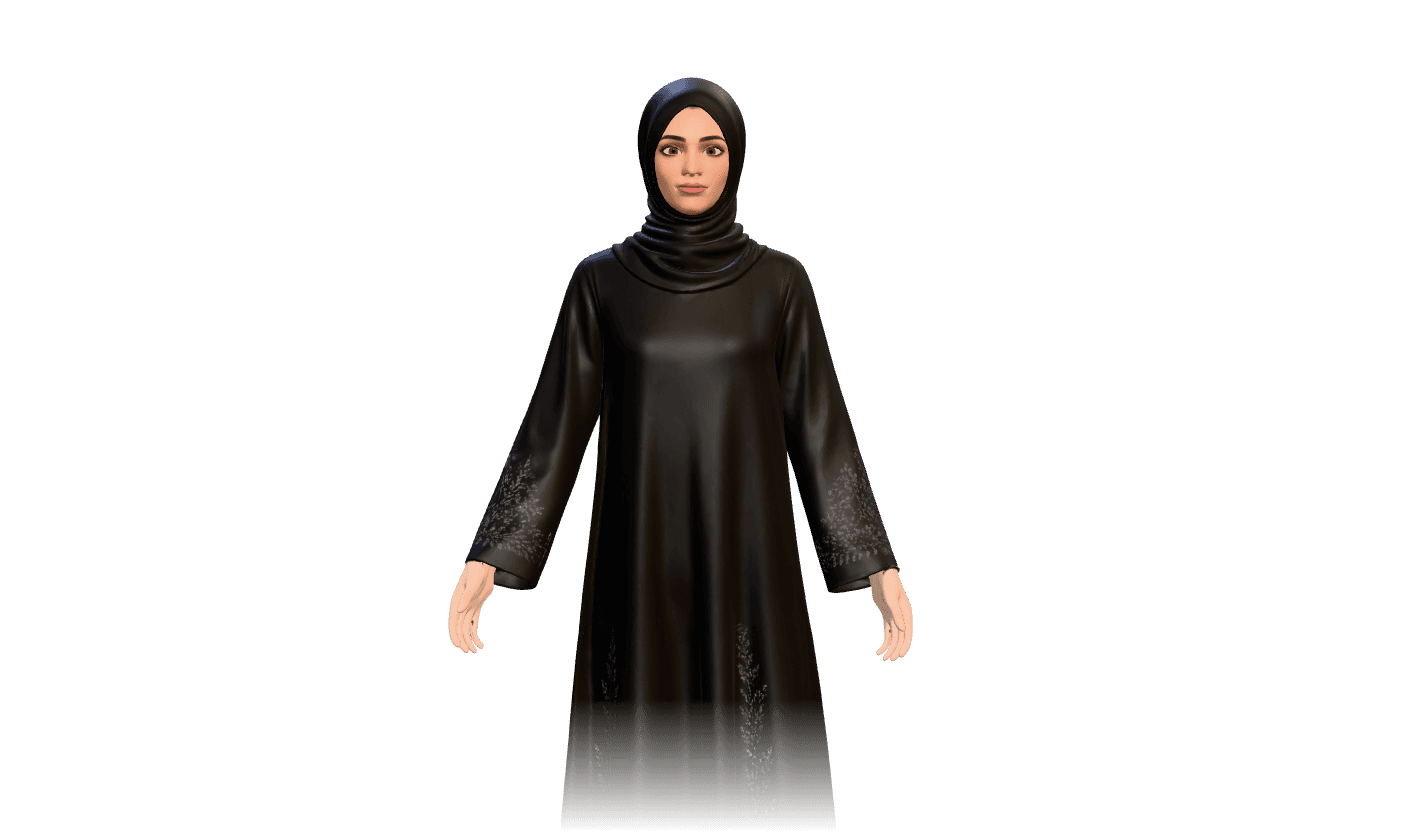 Joshua's personal AI assistant, an Emirati woman in a black abaya and hijab.